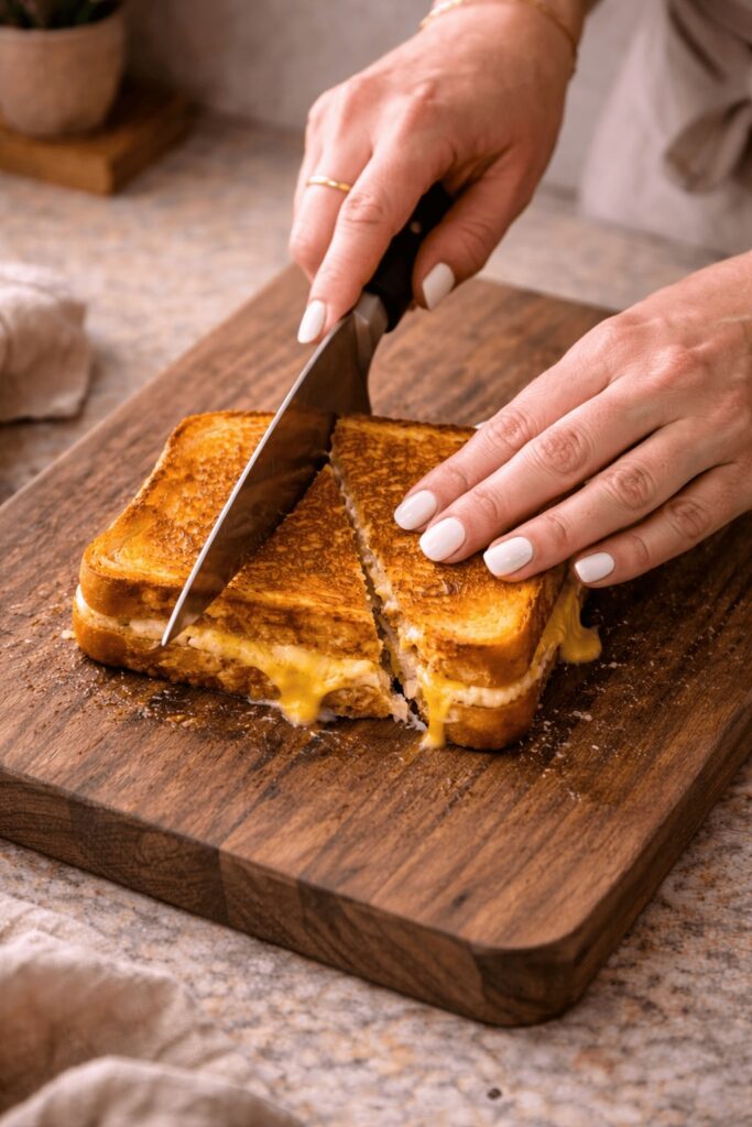 Golden grilled cheese sandwiches sliced into triangles for serving with tomato soup