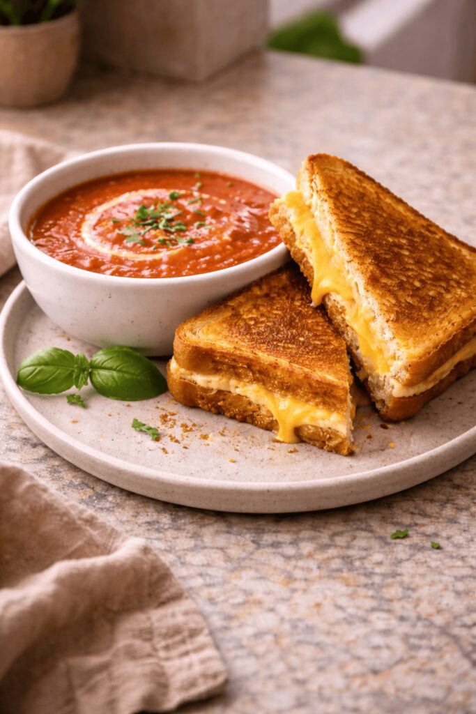 Grilled cheese and tomato soup served together on table for cozy comfort meal