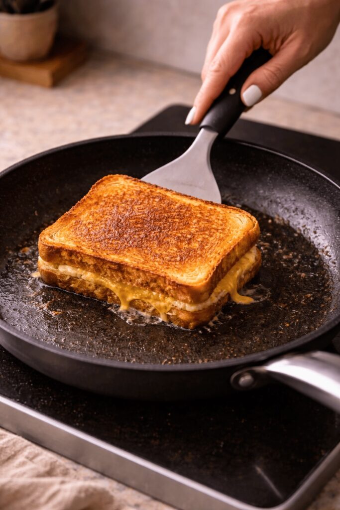 Grilled cheese sandwiches cooking in skillet until golden and crispy