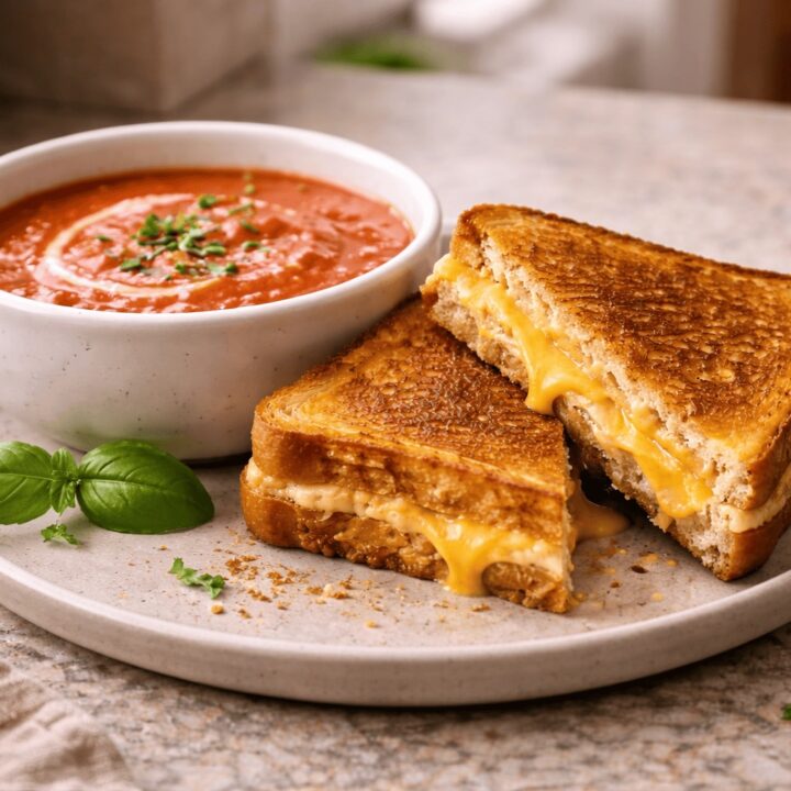 Grilled cheese sandwiches with creamy tomato soup ready for serving