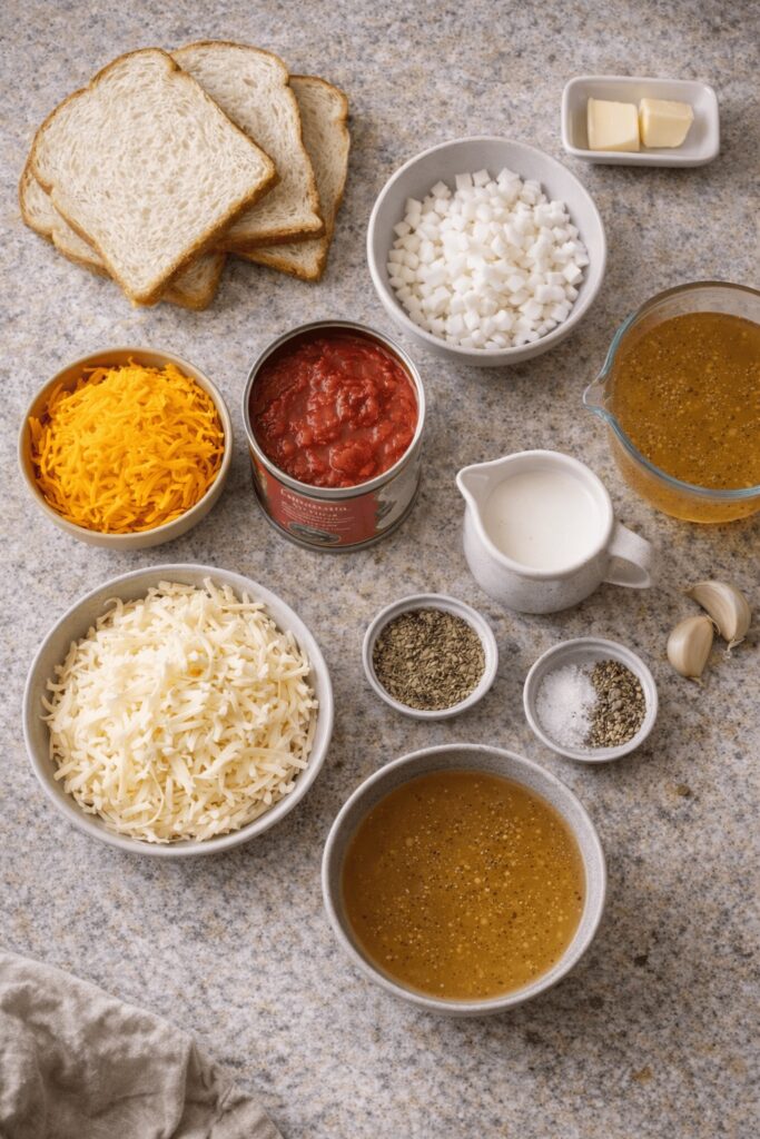 Ingredients for grilled cheese and tomato soup including bread, cheese, tomatoes, and broth
