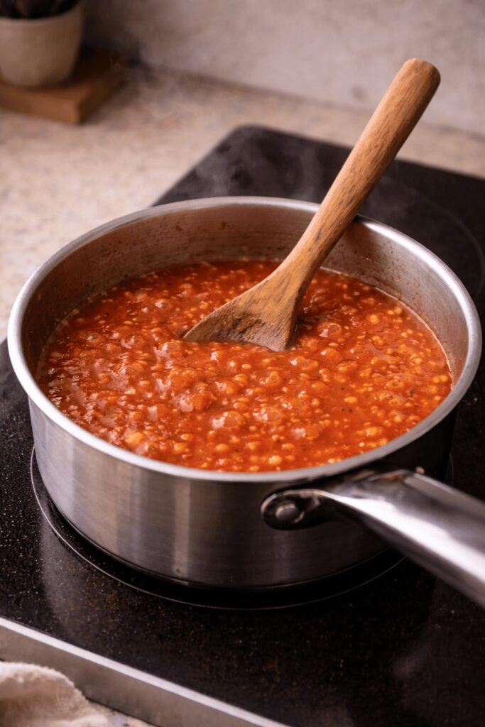Tomato soup simmering in saucepan with onions, garlic, and crushed tomatoes