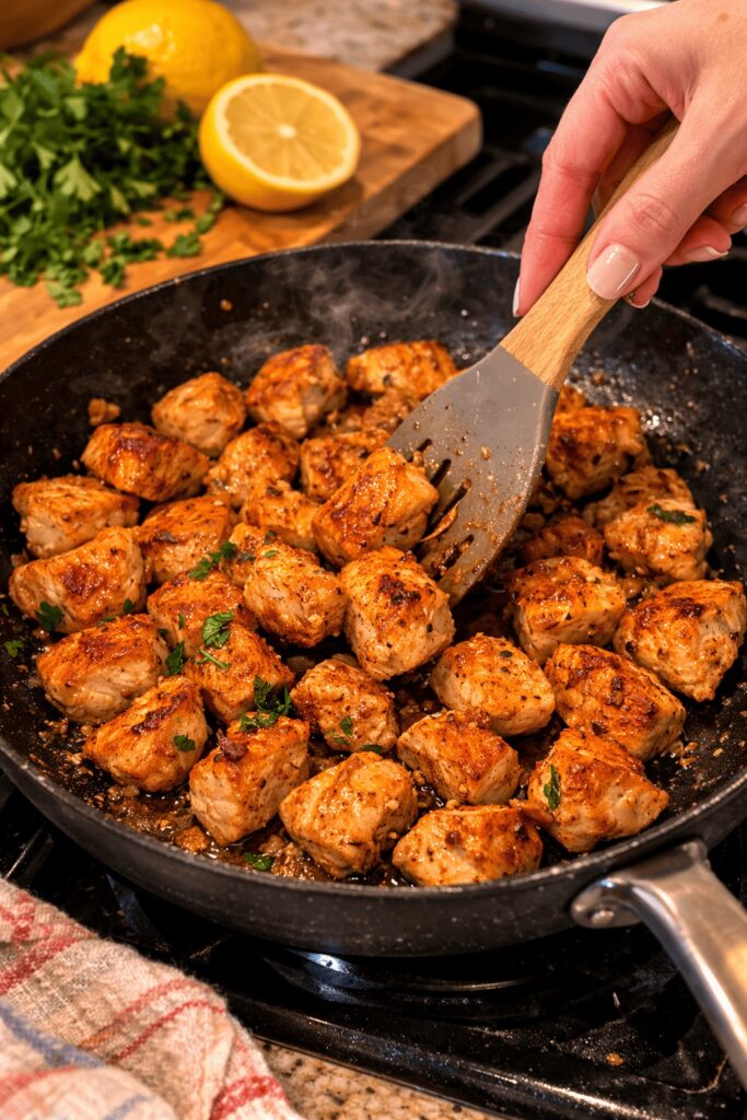 chicken bites cooking in skillet