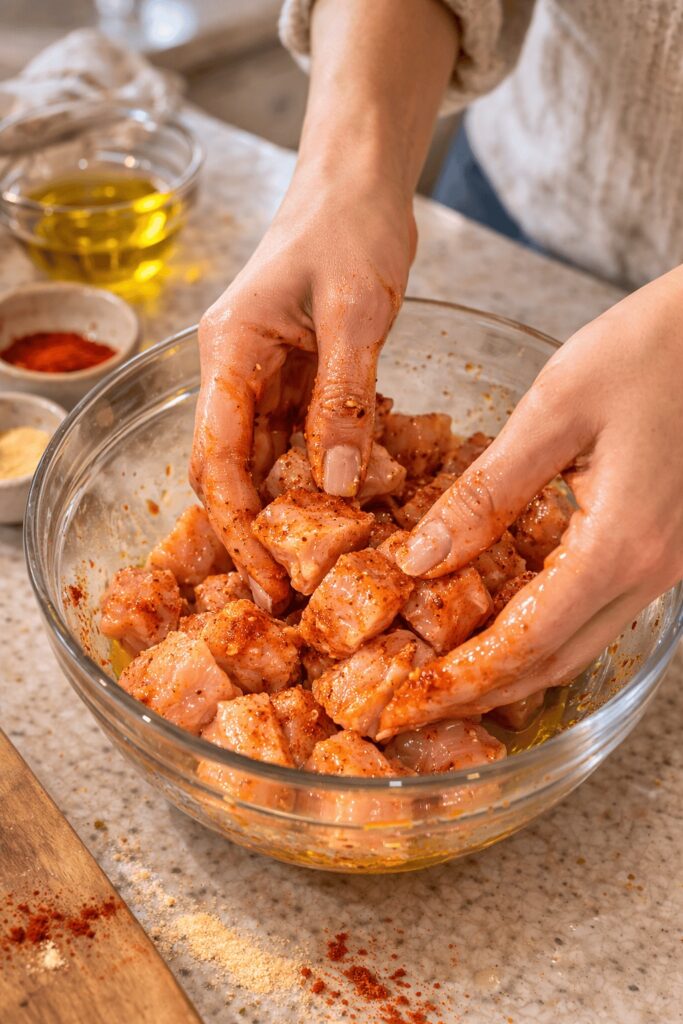 seasoning chicken bites in mixing bowl