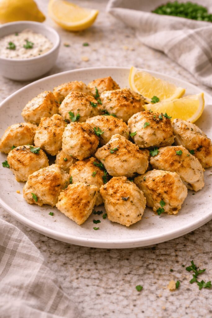chicken bites on plate with lemon and parsley