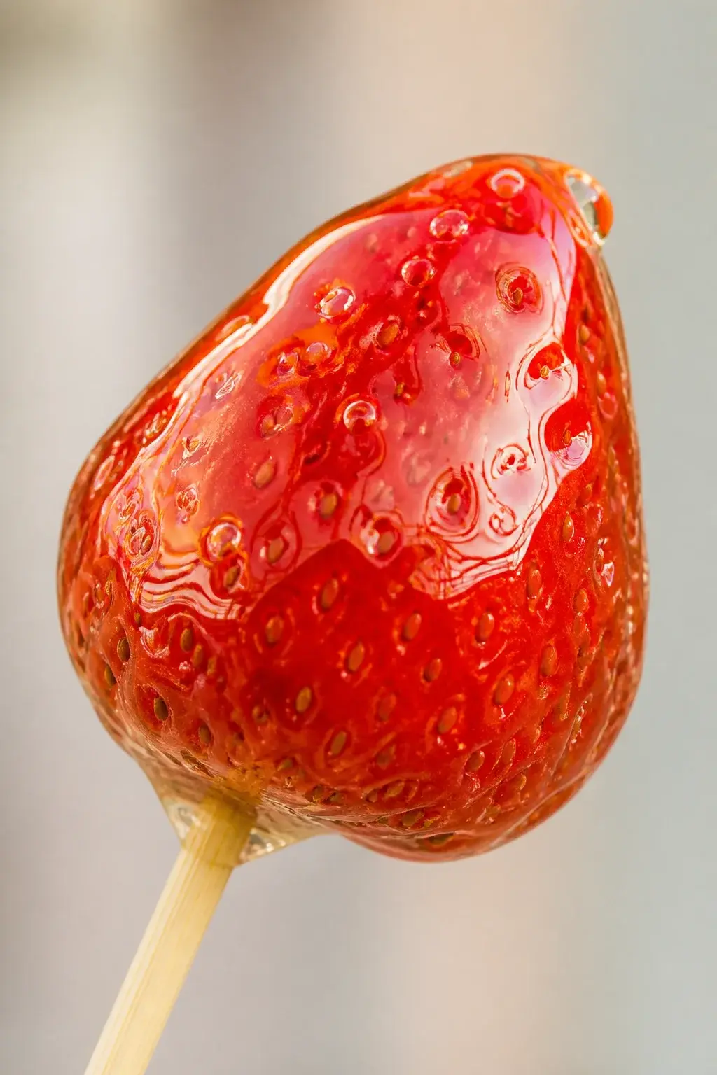 closeup of a single strawberry tanghulu on stick