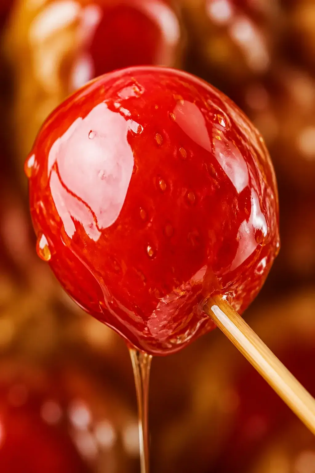 closeup of sugar glaze coating a single fruit on bamboo skewer