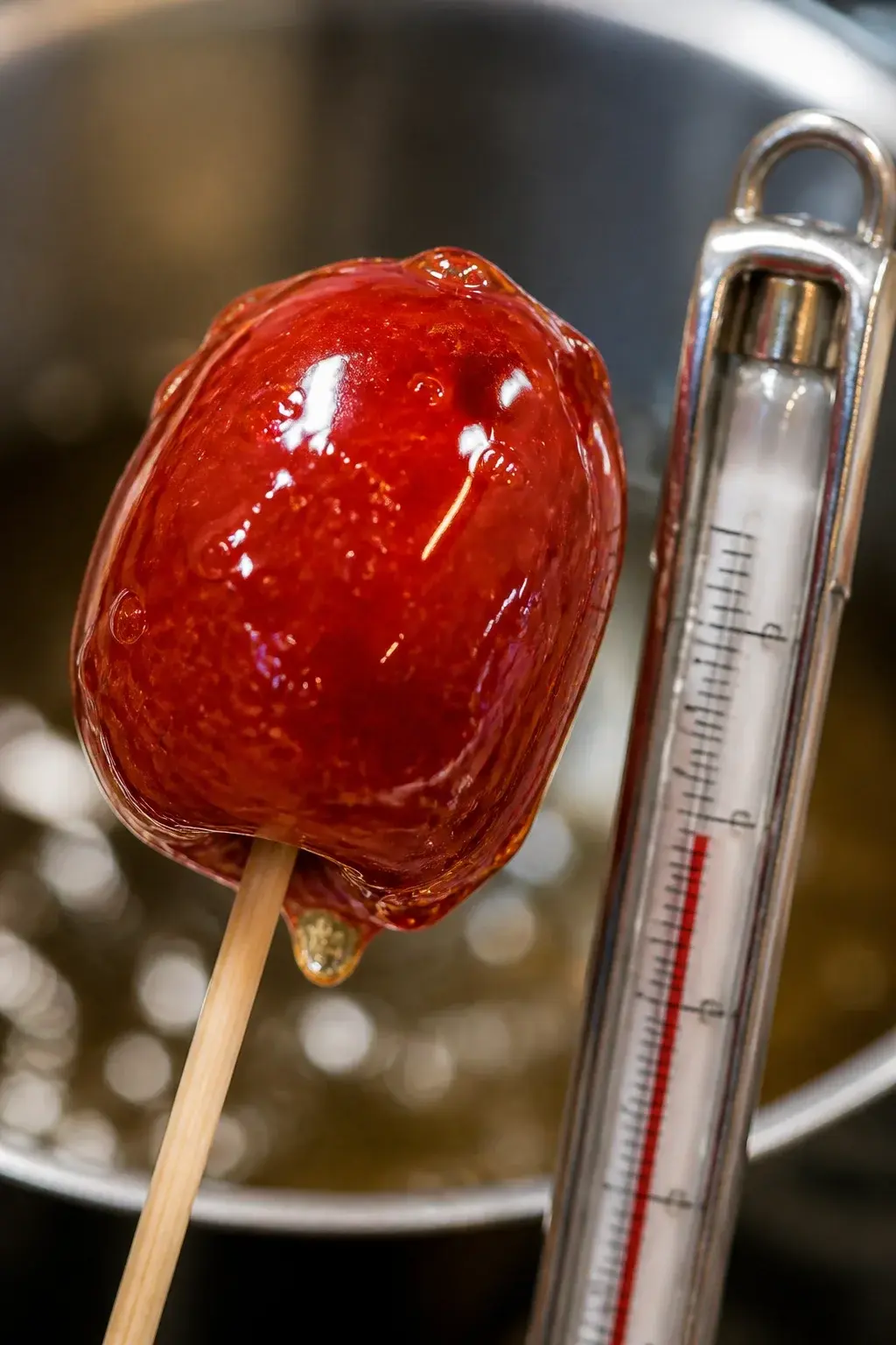 closeup of a single tanghulu with sugar thermometer in frame