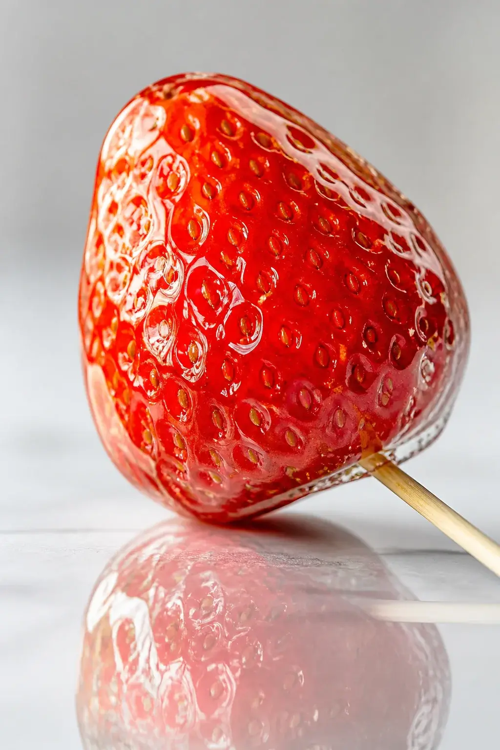 closeup of a single strawberry tanghulu with reflection