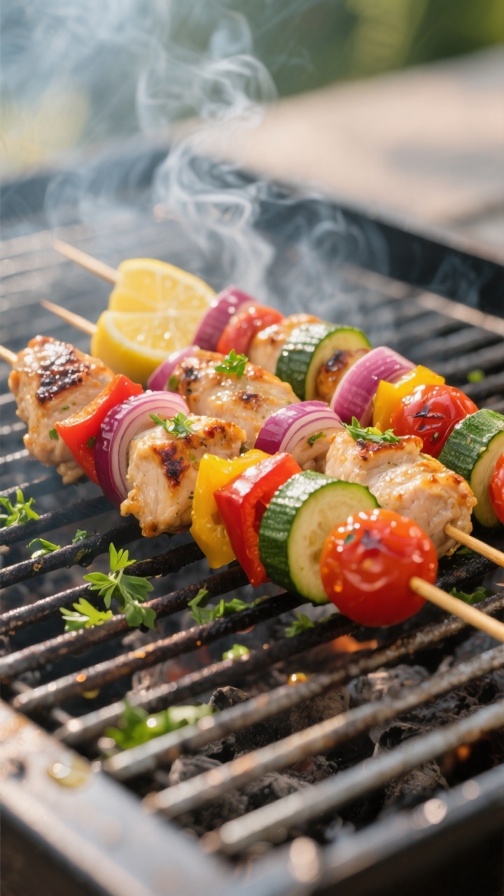 25-inch chicken pieces alternating with red onion wedges, red/yellow bell peppers, zucchini rounds, 