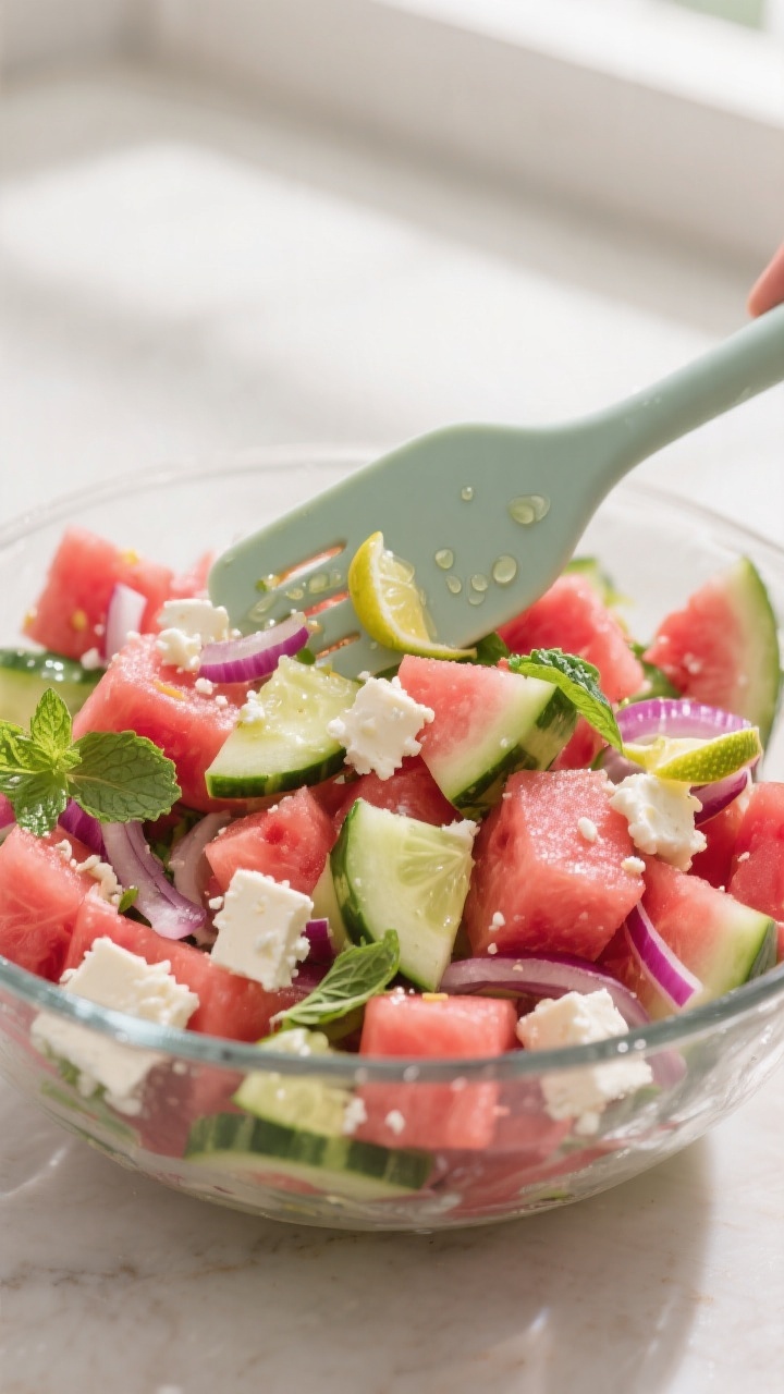 Close-up detail: A chilled bowl of prepared watermelon feta salad being gently tossed with a silicon