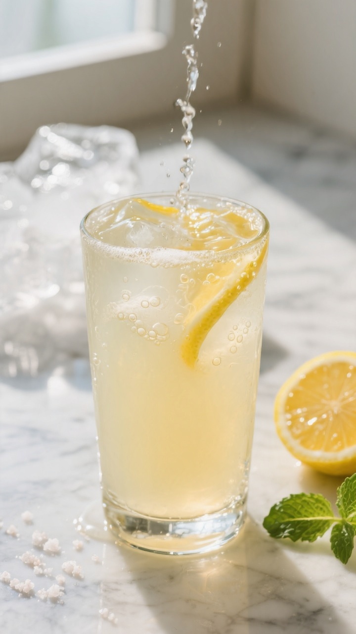 Close-up detail: A chilled highball glass with the honey-lemon base just dissolved—golden honey fu