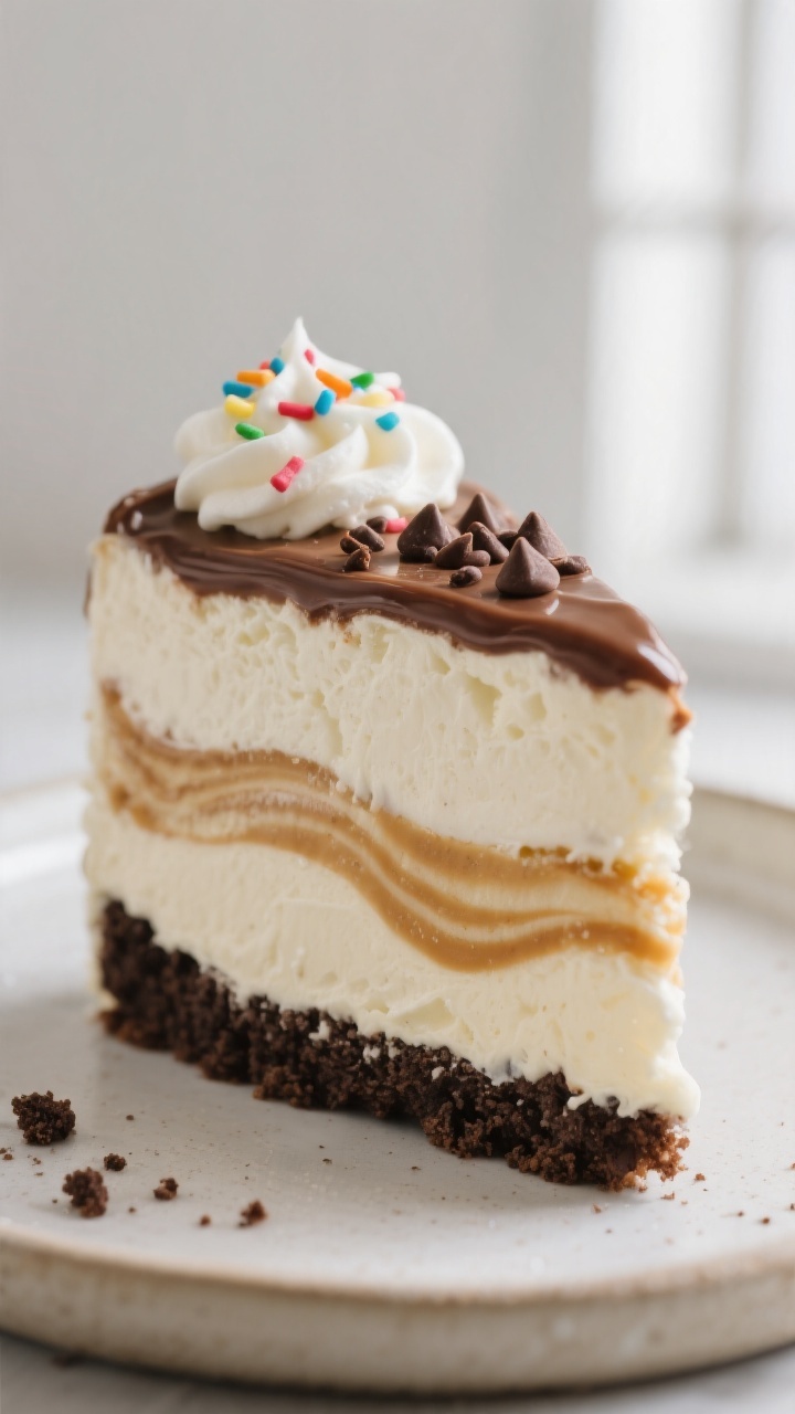 Close-up detail: A clean slice of homemade ice cream cake standing upright, showing sharp, distinct 