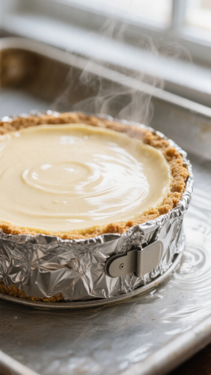 Close-up detail: A just-baked New York cheesecake still in the foil-wrapped 9-inch springform pan, e