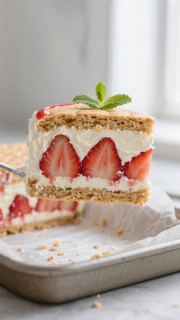 Close-up detail: A neat cross-section slice of strawberry icebox cake lifted slightly from a parchme