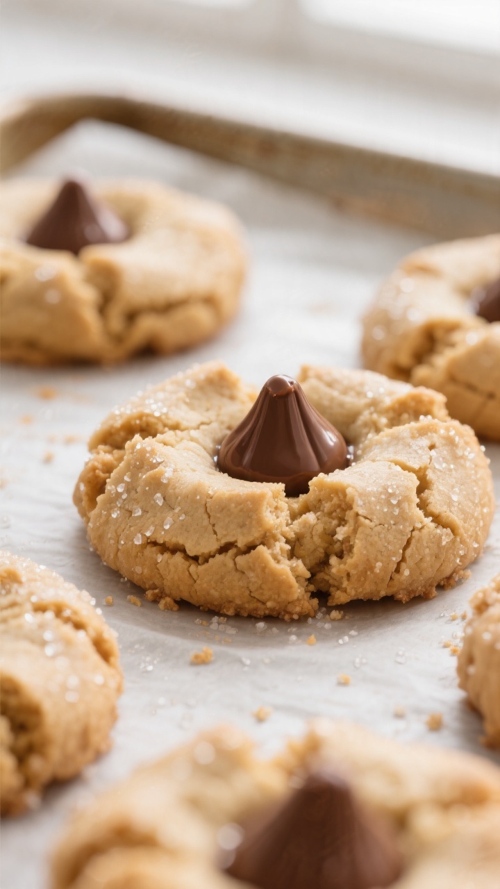 Close-up detail: Freshly baked peanut butter blossom cookies just out of the oven, edges set and lig