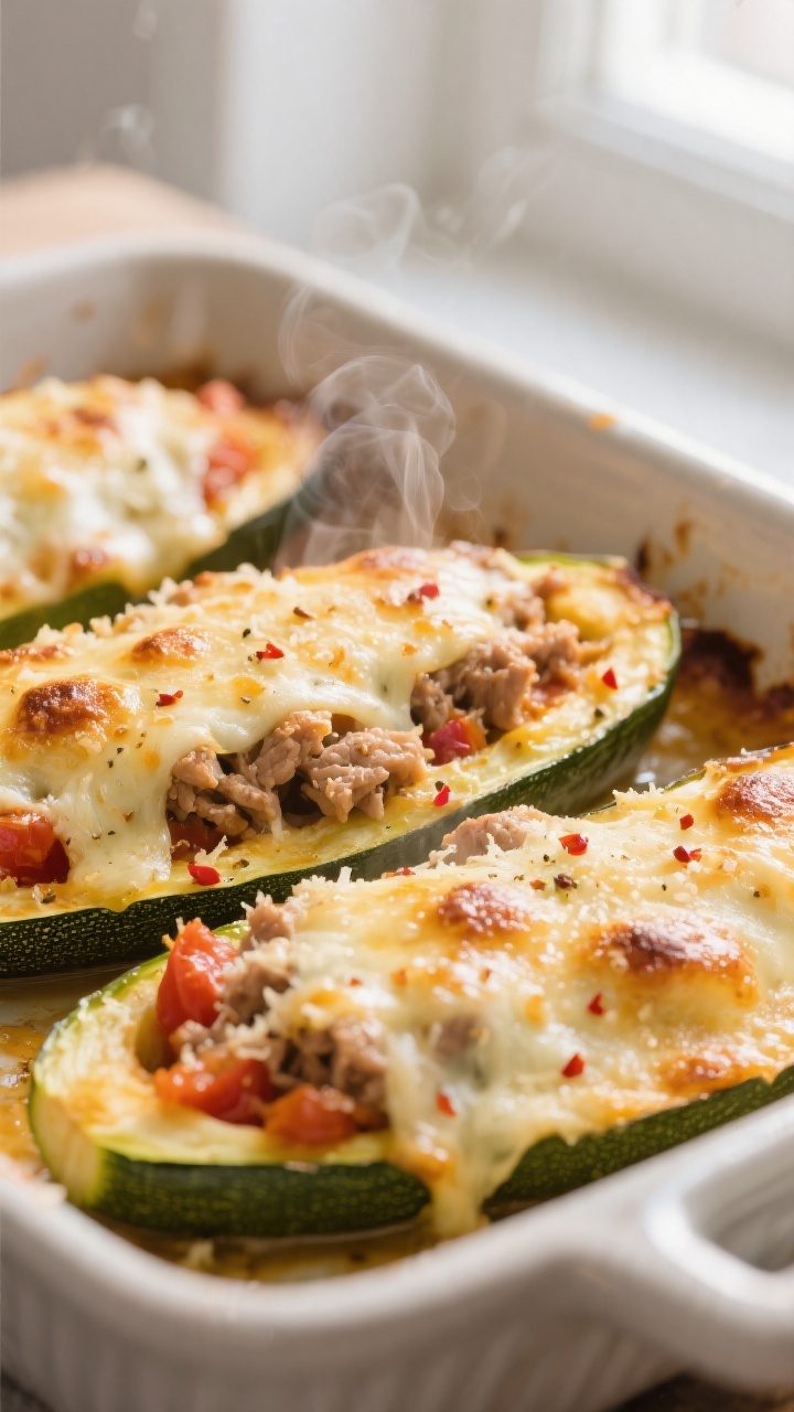 Close-up detail: Golden, bubbling zucchini boats just out of the oven, cheese melted with light cara
