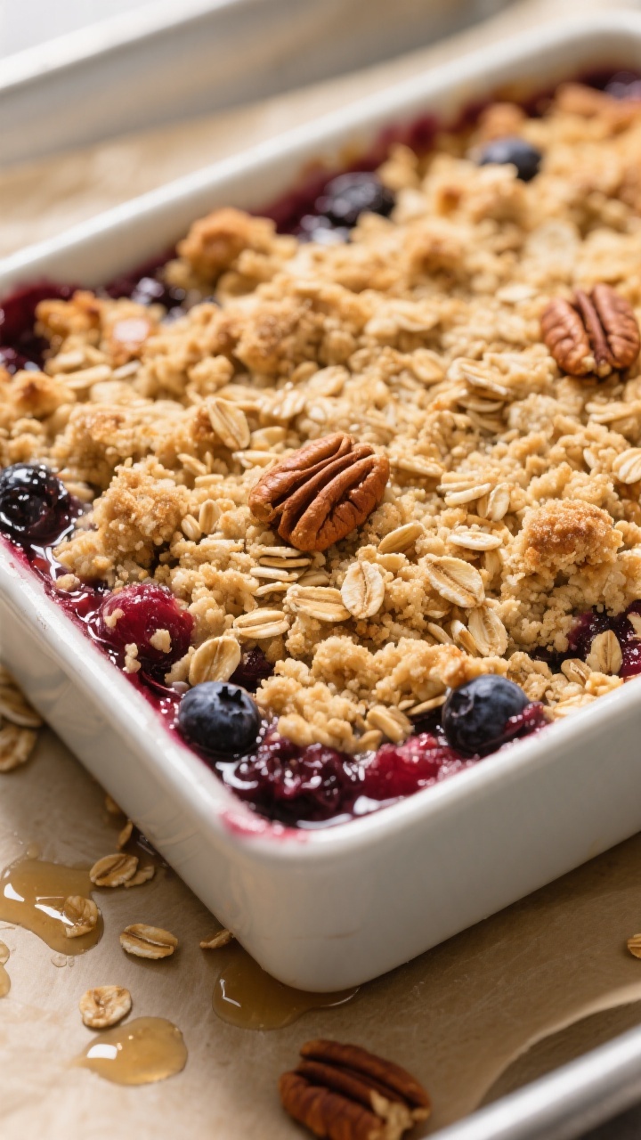 Close-up detail: Golden, nubby oat-crumble topping fresh from the oven over a bubbling mixed-berry f