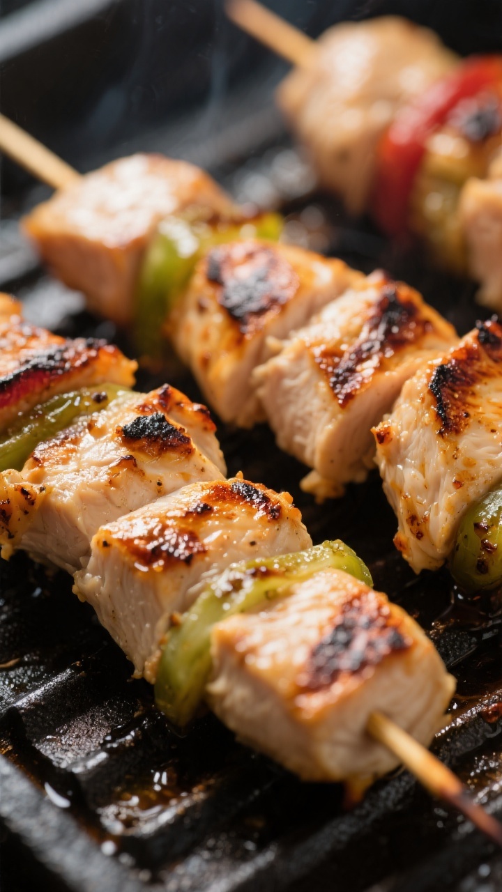 Close-up detail: Juicy grilled chicken kabobs just off the grill, showcasing light char marks and ca