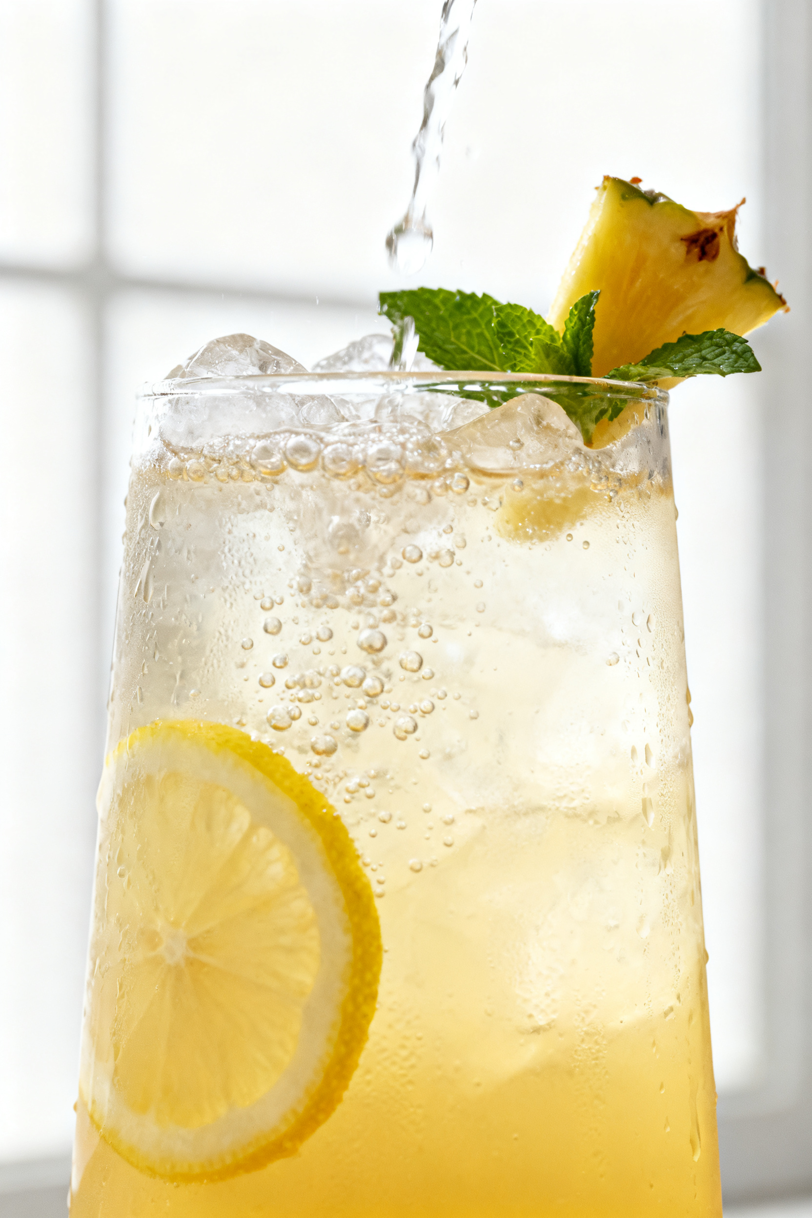 Close-up detail shot of a chilled glass of pineapple lemonade being poured over clinking ice, with t
