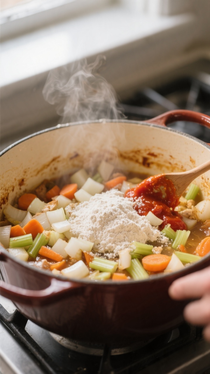 Cooking process — Chicken stew base building: Close-up of diced onions, carrots, and celery sweati