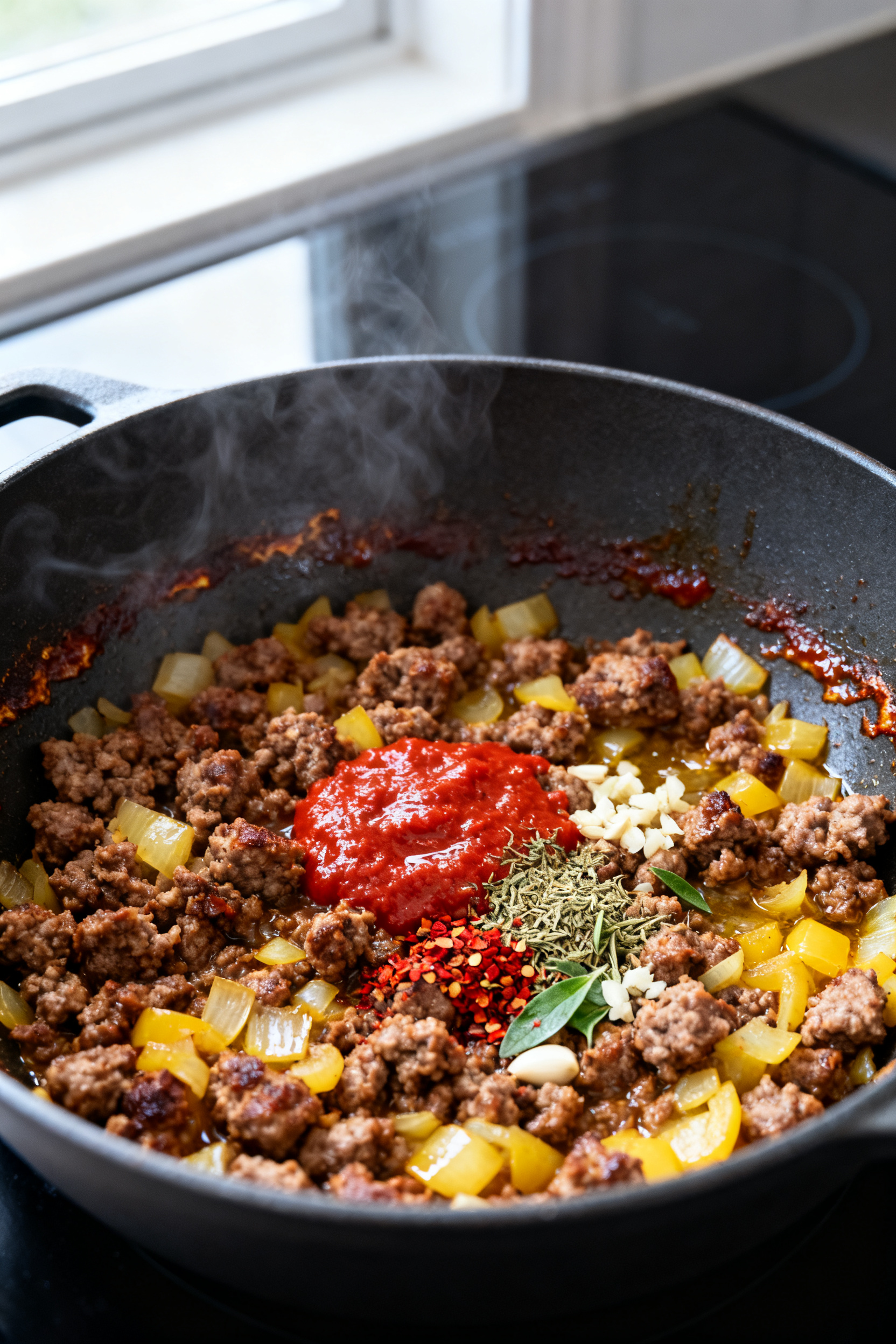Cooking process, close-up detail: Sautéed Italian sausage crumbles browning deeply with diced yello