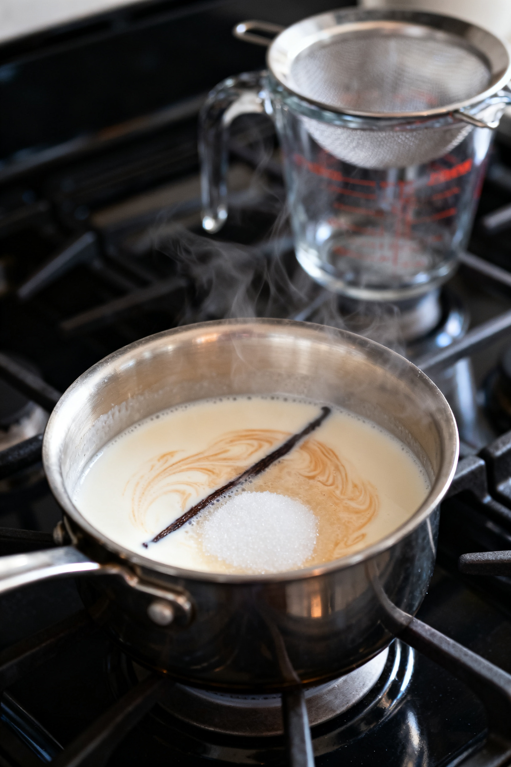 Cooking process close-up: Warm cream and milk mixture just steaming in a small stainless saucepan wi