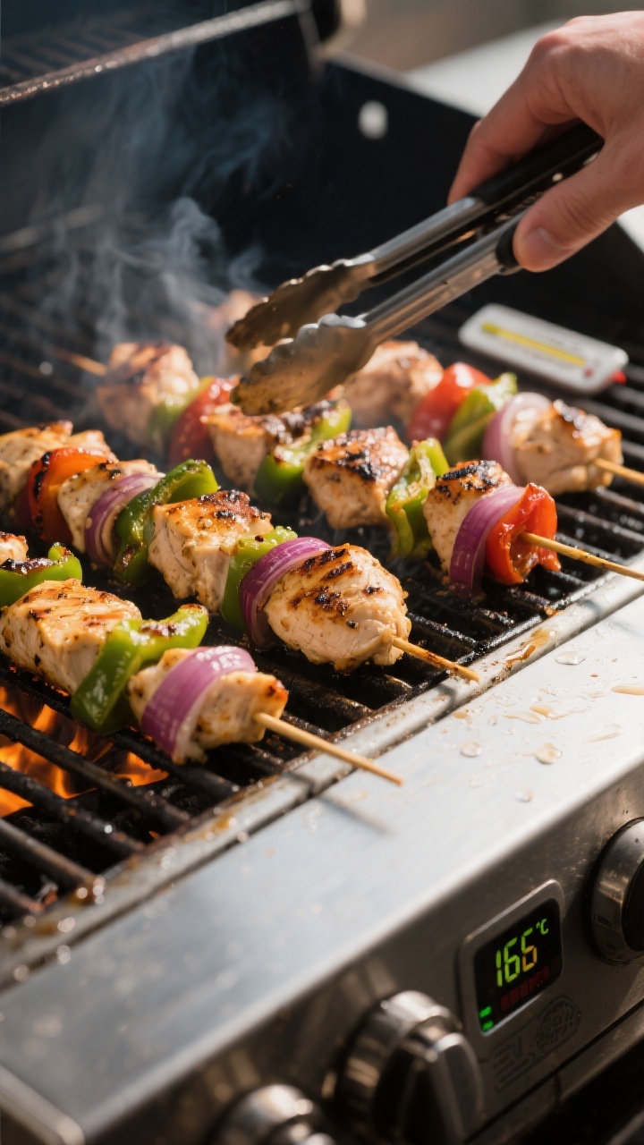 Cooking process: Kabobs sizzling over medium-high heat on a clean, oiled grill at 400–450°F, capt