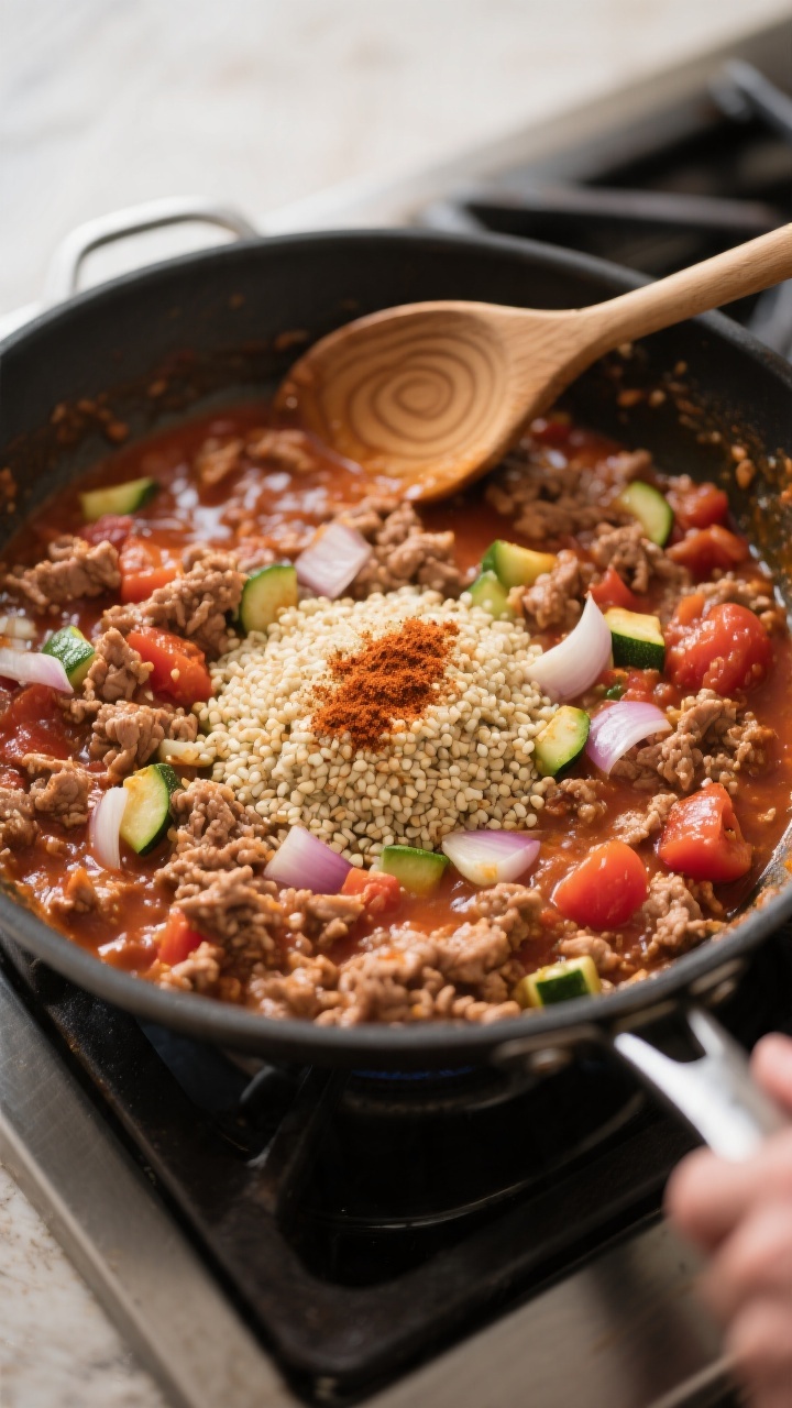 Cooking process: Overhead shot of a skillet on the stove showing the cooked, browned ground turkey s