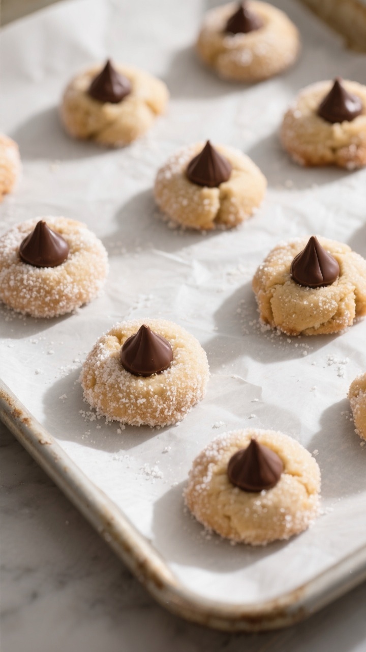 Cooking process: Overhead shot of sugar-coated dough balls spaced 2 inches apart on a parchment-line