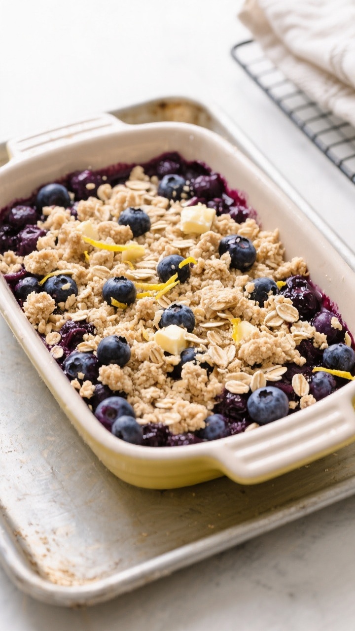 Cooking process: Overhead shot of the unbaked assembled berry crumble just before the oven—an even