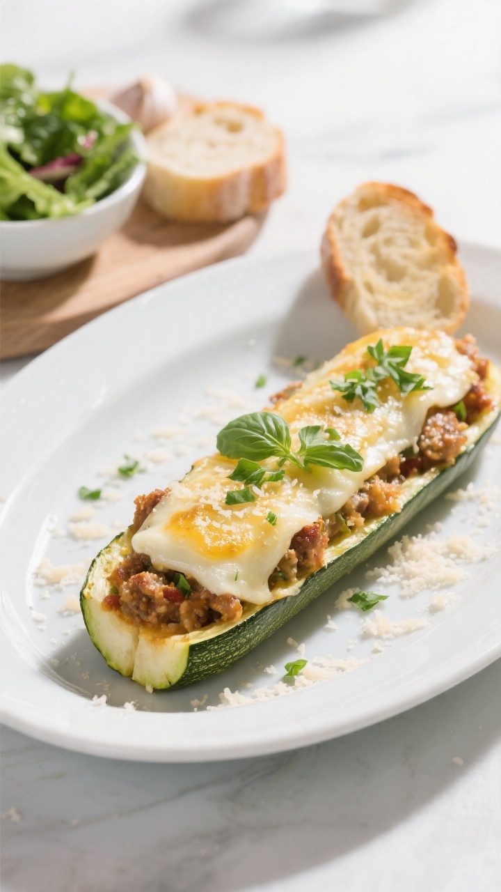 Final dish presentation: Beautifully plated zucchini boats on a matte white oval platter, neatly fil