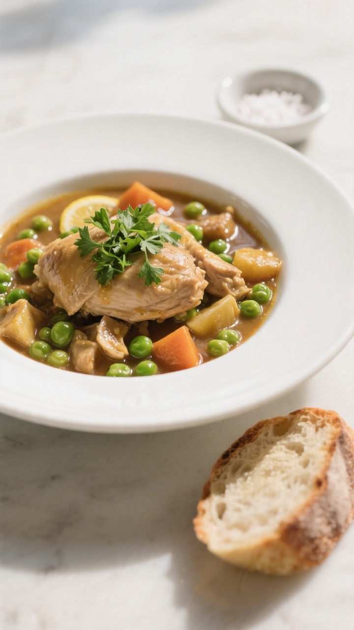 Final dish presentation — Plated chicken stew: Beautifully ladled chicken stew in a wide, shallow 