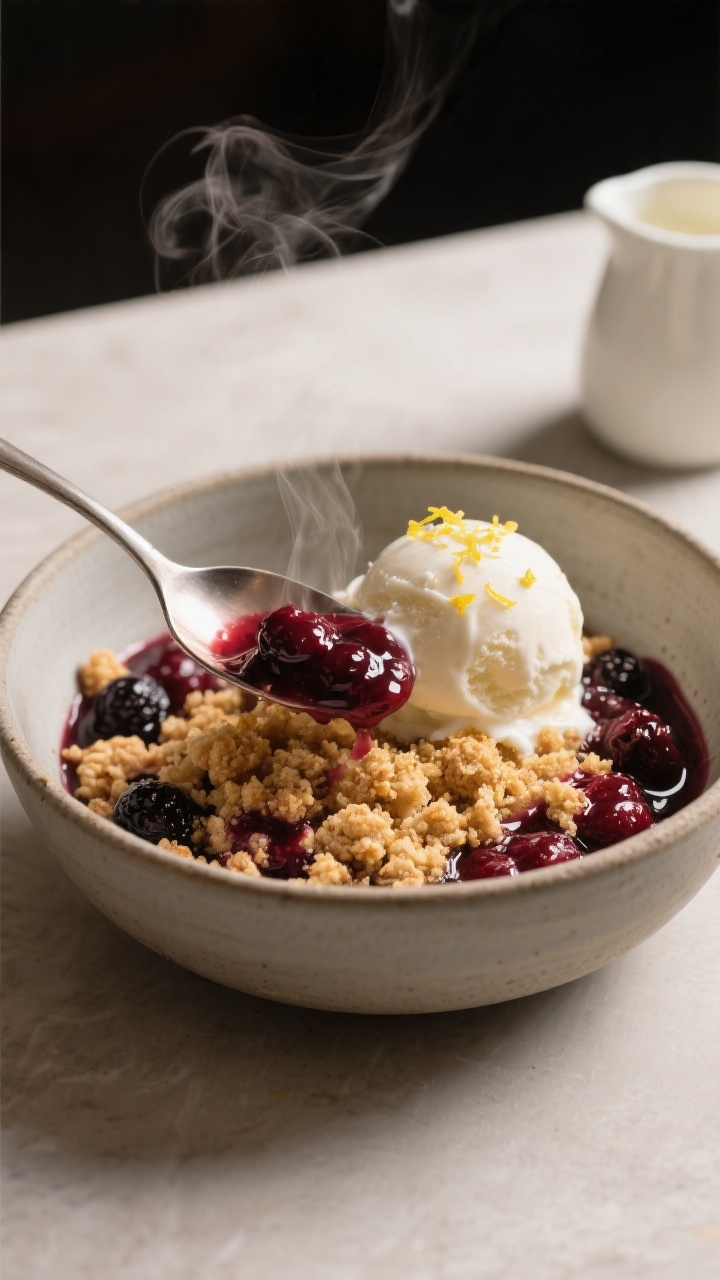 Final dish presentation: Restaurant-quality bowl of warm berry crumble served with a melting scoop o