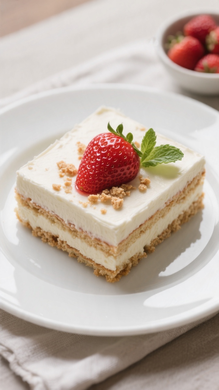 Final dish presentation: Restaurant-quality plated square of strawberry icebox cake on a white rimme