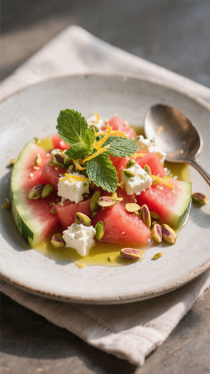 Final dish presentation: Restaurant-quality plated portion of watermelon feta salad on a matte stone