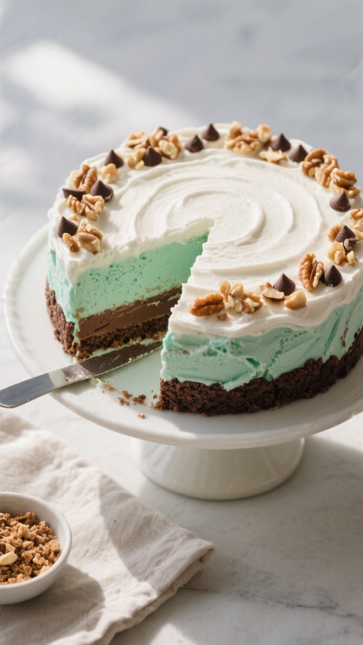Final dish presentation: Tasty of a fully finished ice cream cake on a cake stand—two-tone layers 