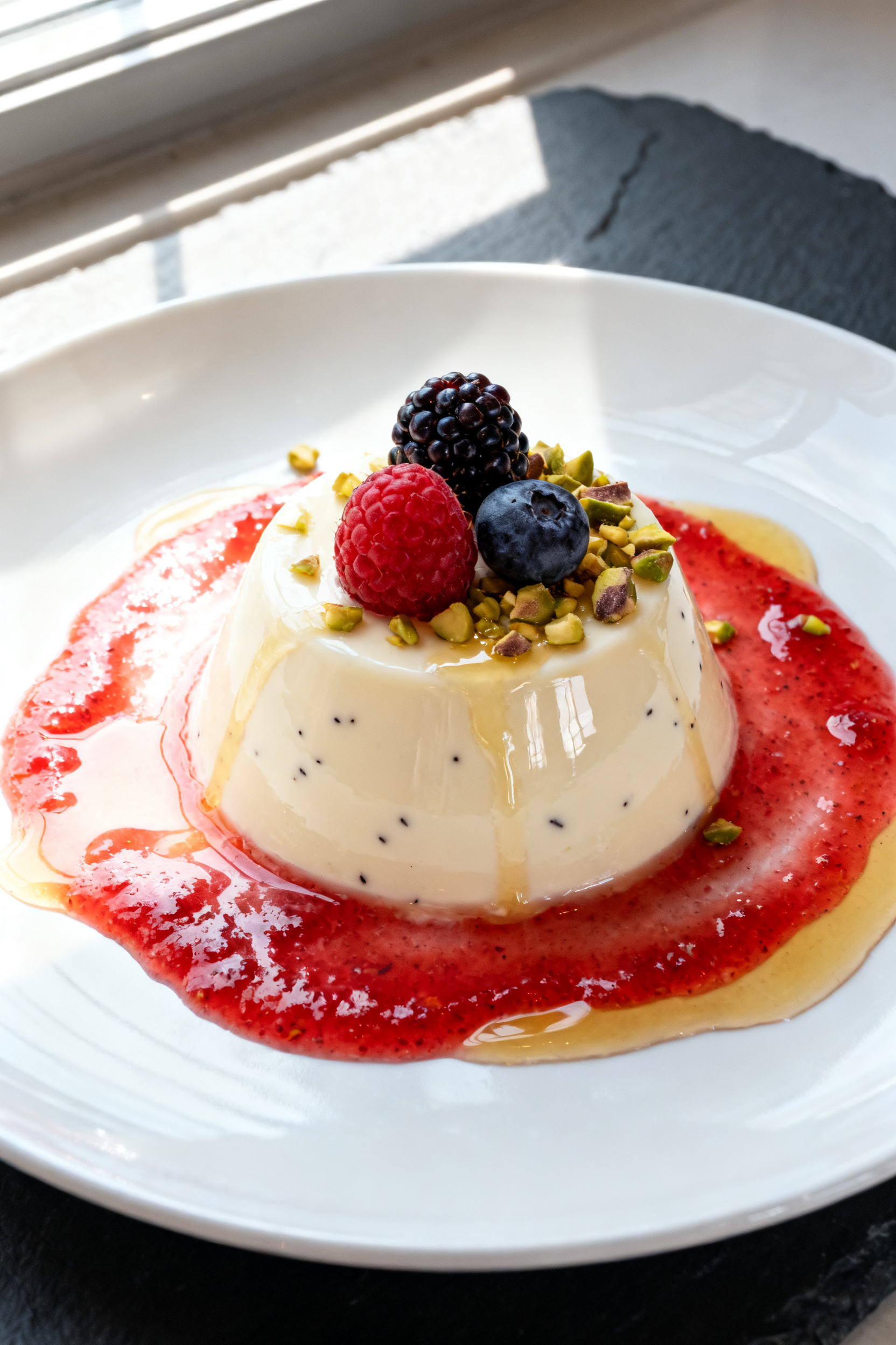 Final plated beauty shot: Unmolded vanilla-bean panna cotta on a chilled white plate with a perfect 