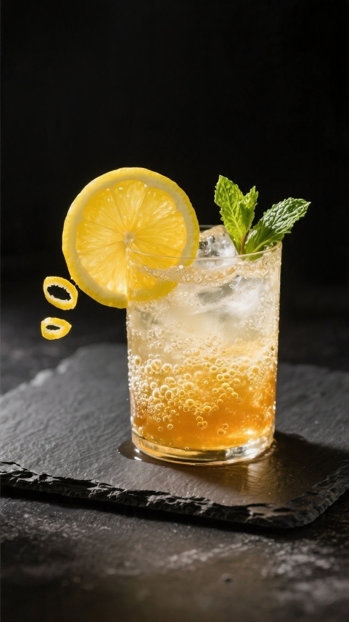 Final presentation: Restaurant-quality glass of Honey Lemon Soda on a dark slate surface for contras