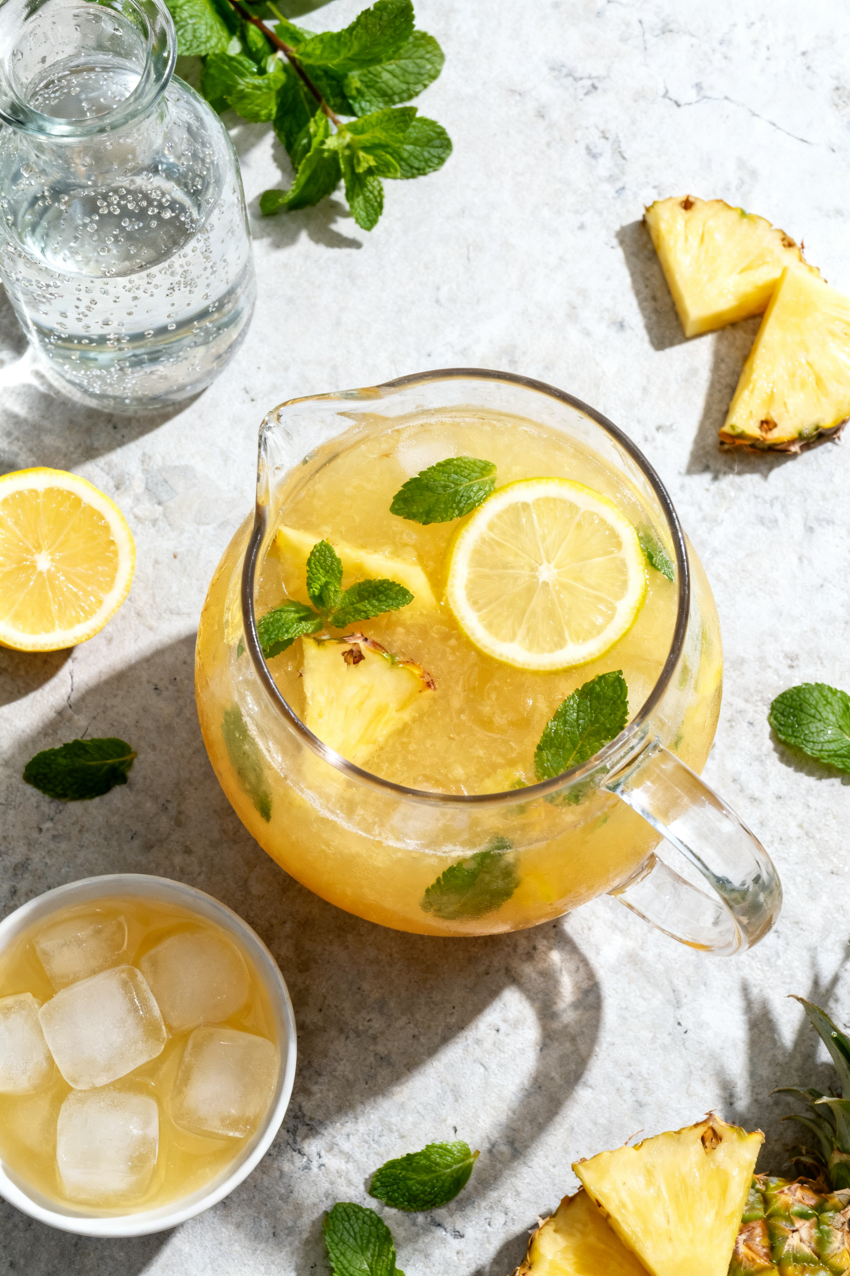 Overhead “tasty top view” of a large clear pitcher of finished pineapple lemonade on a light sto