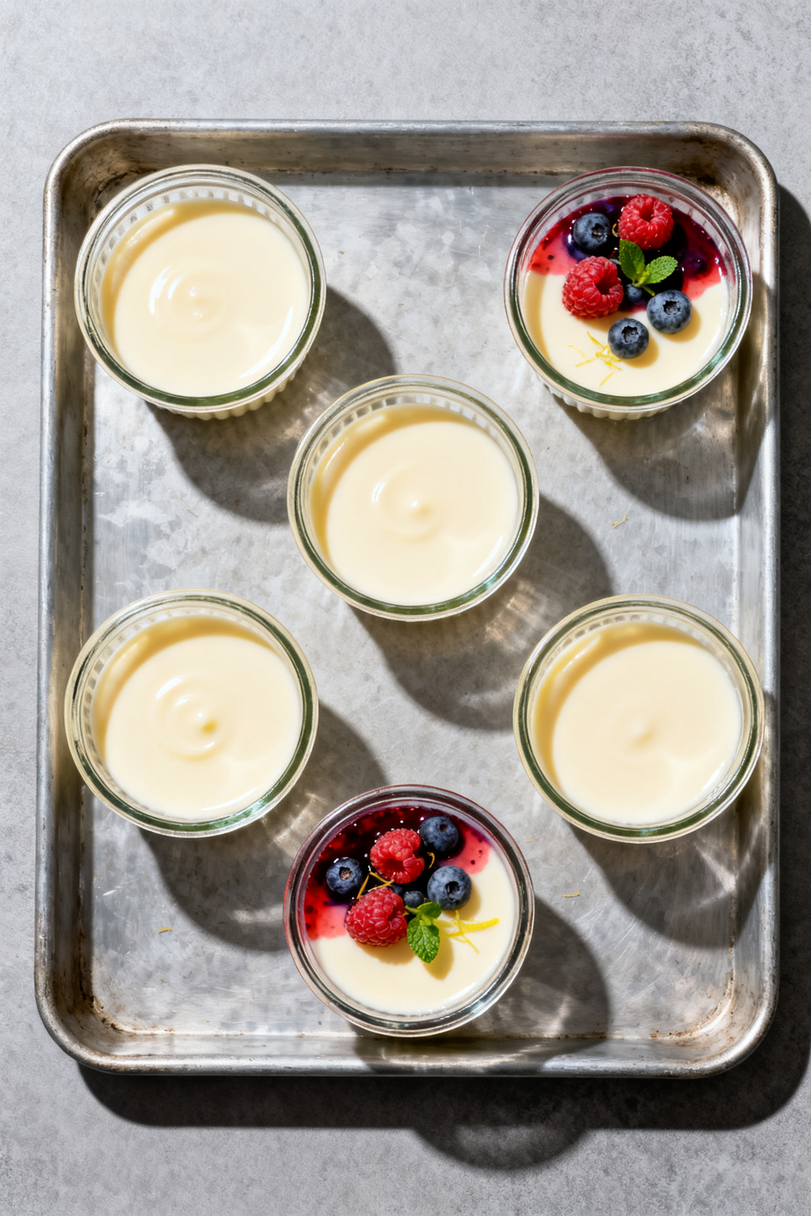 Overhead “tasty top view”: Six small glass ramekins filled with freshly poured panna cotta, pale