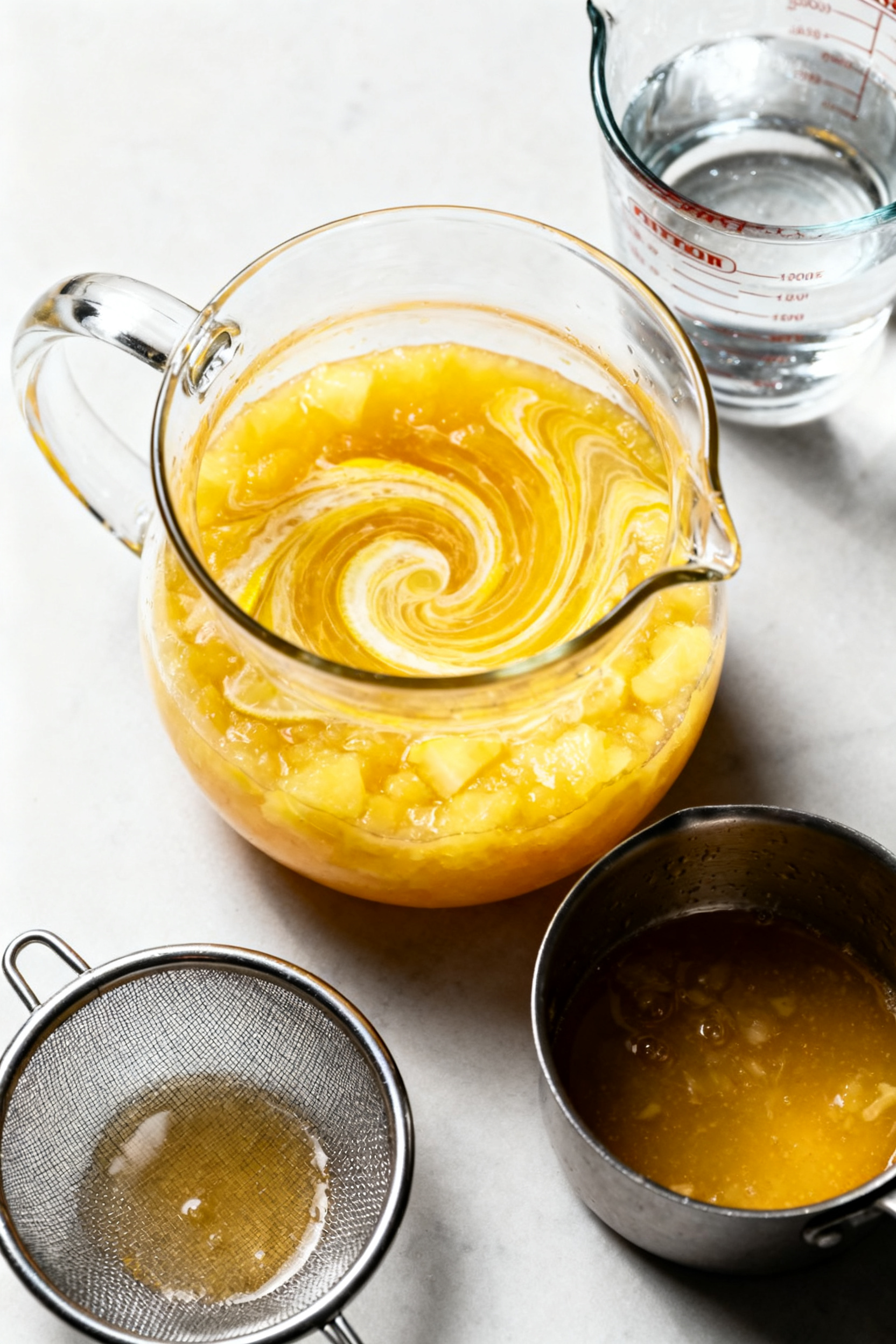Process shot: pineapple puree and fresh lemon juice being combined with cooled simple syrup in a gla
