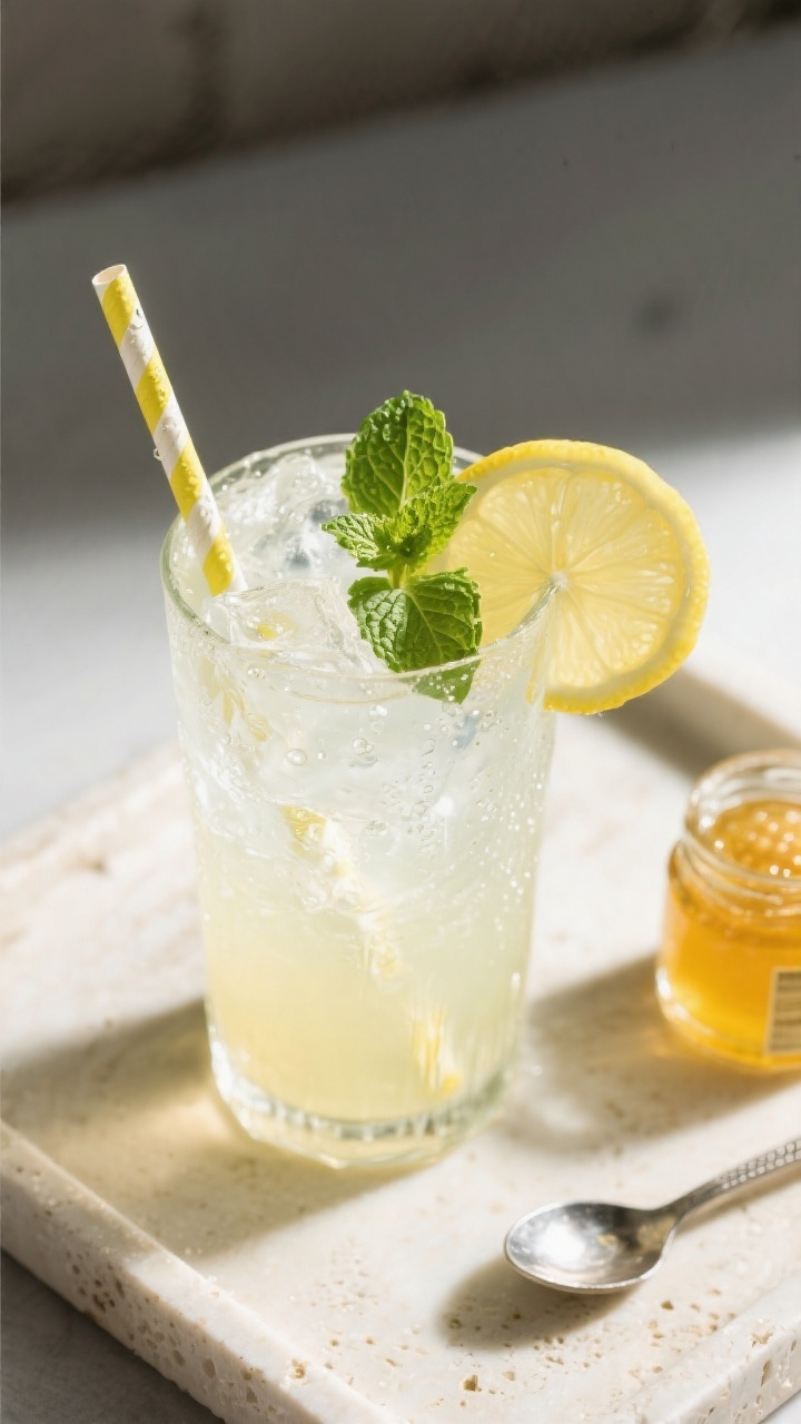 Tasty top view: Overhead shot of a finished Honey Lemon Soda packed with crystal-clear ice, fine str