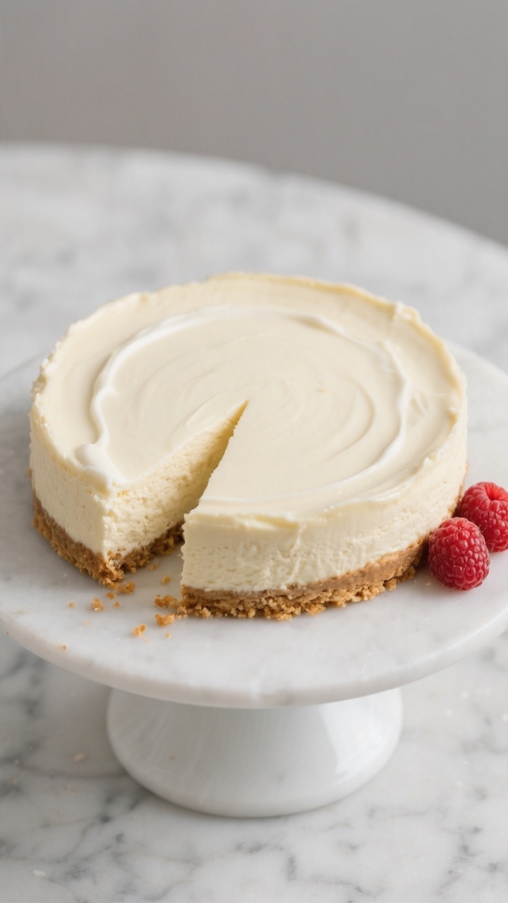 Tasty top view: Overhead shot of a fully chilled, unmolded New York cheesecake on a simple white cak