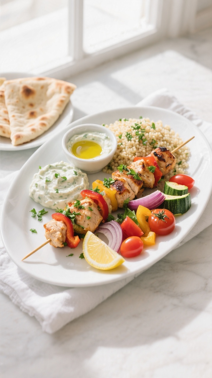 Tasty top view: Overhead shot of beautifully plated chicken kabobs on a white oval platter, garnishe