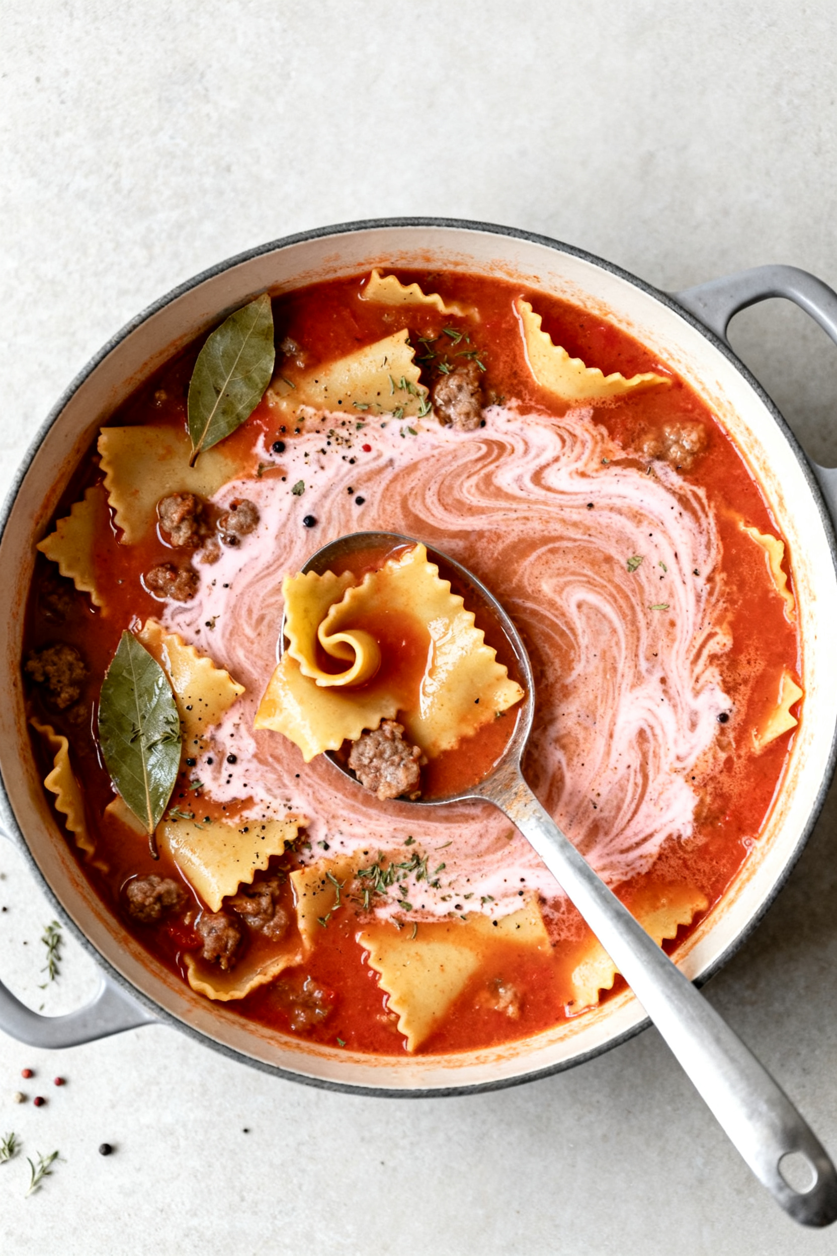 Tasty top view: Overhead shot of lasagna soup at a lively simmer in a wide pot—rich tomato-broth b
