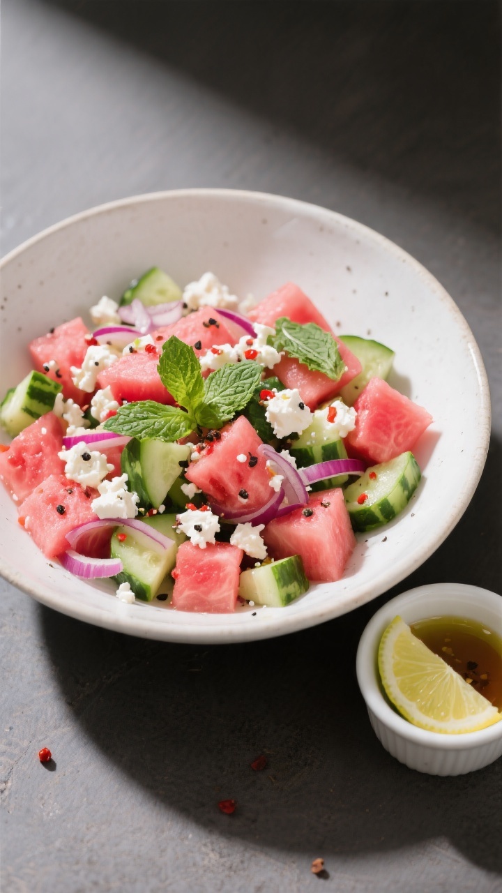 Tasty top view: Overhead shot of the final watermelon feta salad arranged in a wide white ceramic se