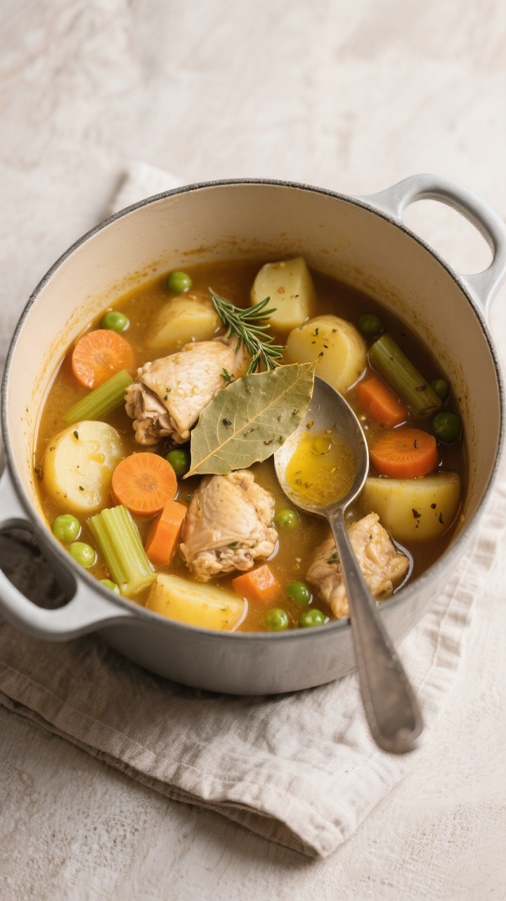 Tasty top view — Simmered chicken stew in pot: Overhead shot of the stew at peak simmer after pota