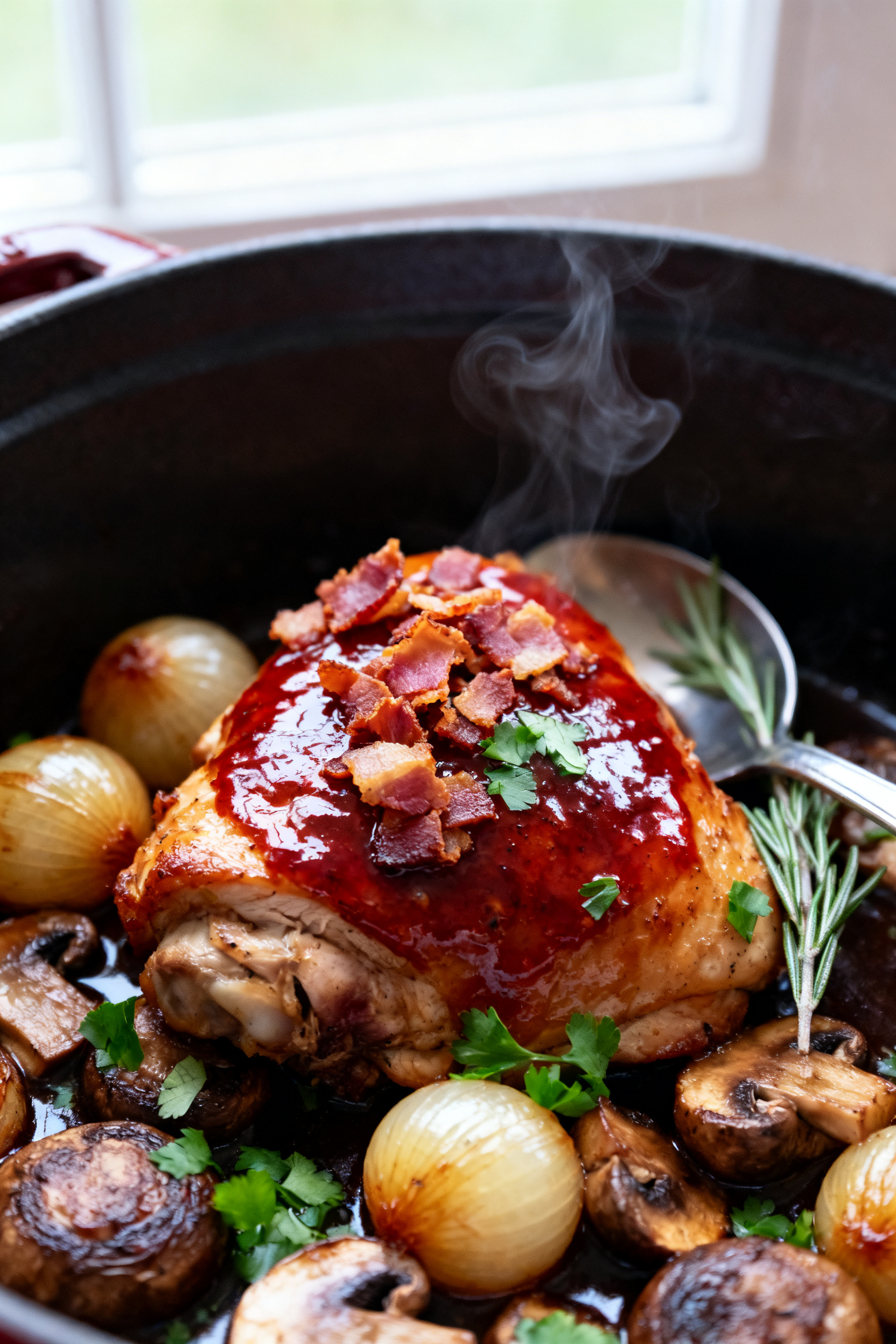 Close-up detail shot: Spoon-tender chicken thigh just out of the braise, lacquered with a glossy, re