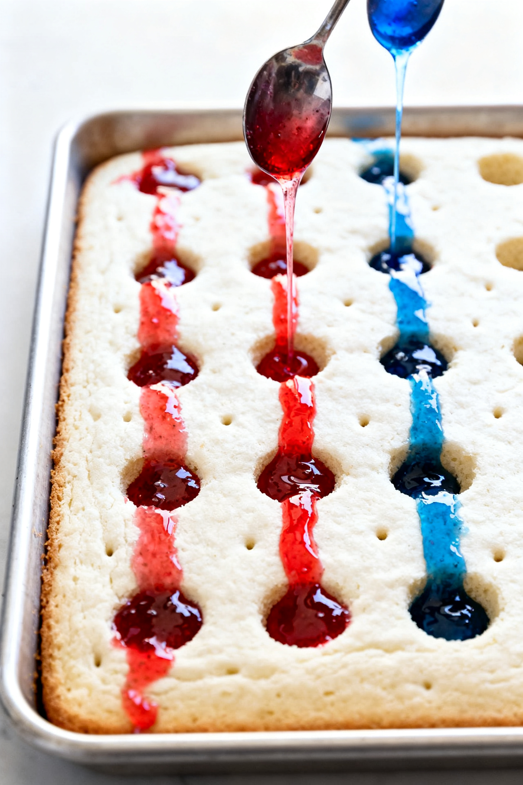 Close-up detail: Warm white sheet cake in a 9x13 pan just after poking, with neat, evenly spaced hol